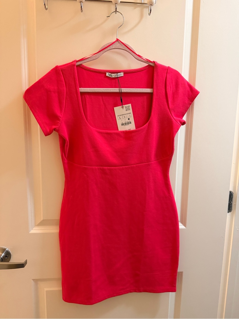 Zara Hot Pink Scoop-Neck Short Sleeve Crop Dress